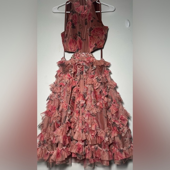 Mac Duggal Barbie Pink Floral Ruffled Cutout Dainty Halter Mini Dress Size 6 - Picture 9 of 16